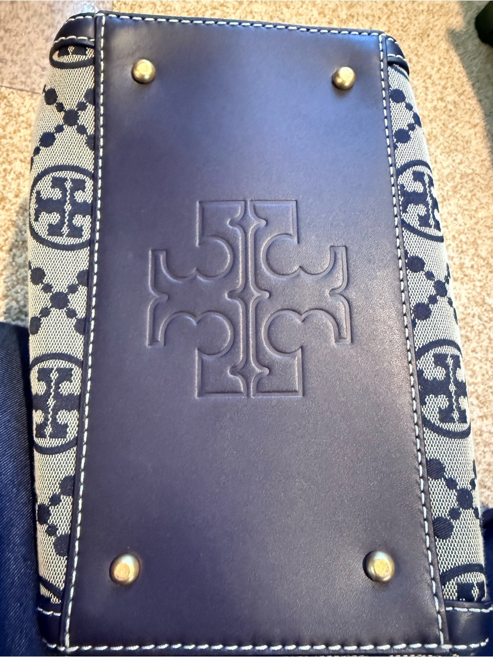 Authentic Tory Burch T Logo Navy and Cream Canvas Satchel with strap. Medium - Picture 8 of 14